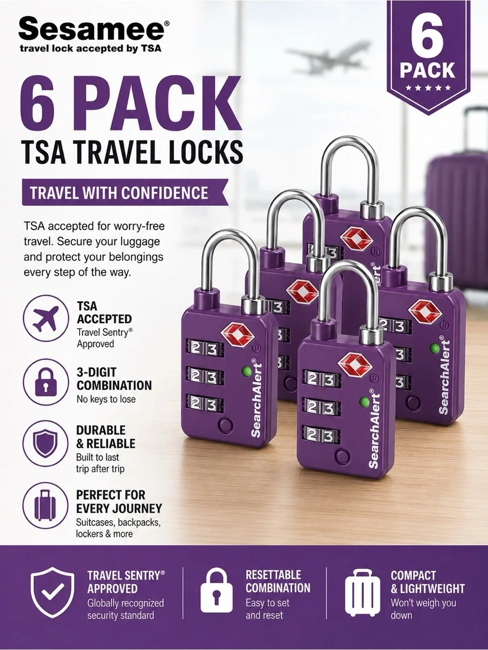 6 Pack for $12 TSA-Approved Purple Travel Combination Lock in with SearchAlert